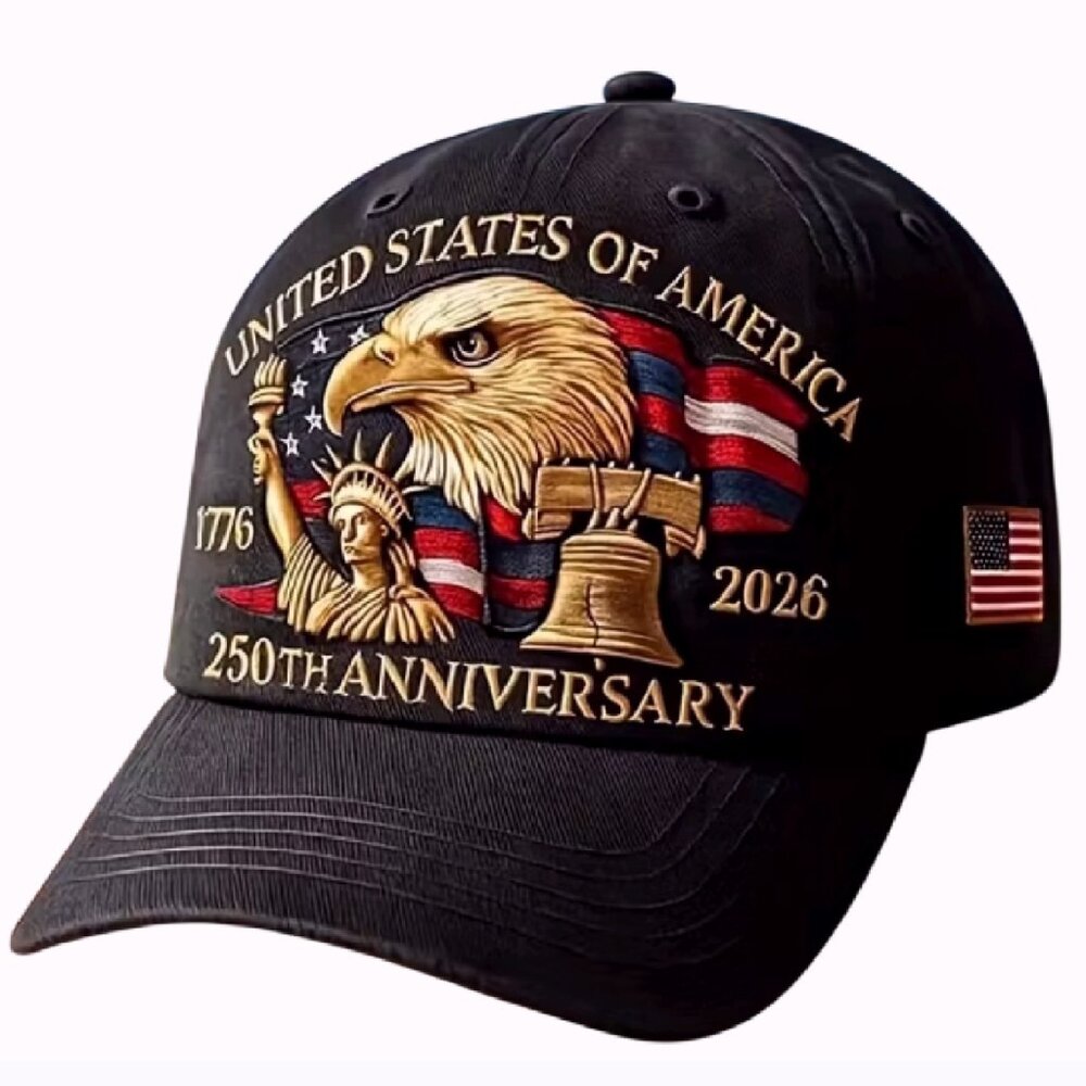 U.S.A. 250th Anniversary Eagle Statue Liberty Bell Embroidered Black Cap - NEW